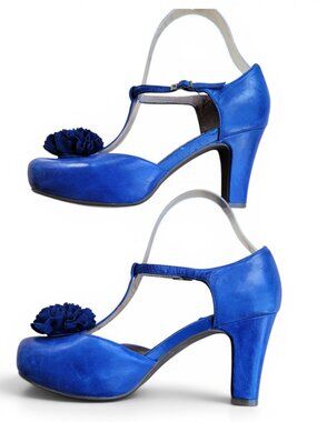 Miz Mooz Leather Lacey T-Strap Royal Blue Cobalt Flower Toe Pinup Style Heels